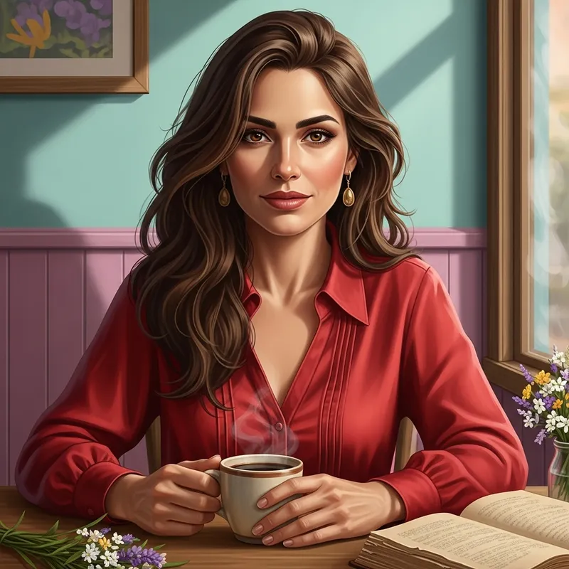 Hispanic Woman with Coffee: Elegance in a Café Setting