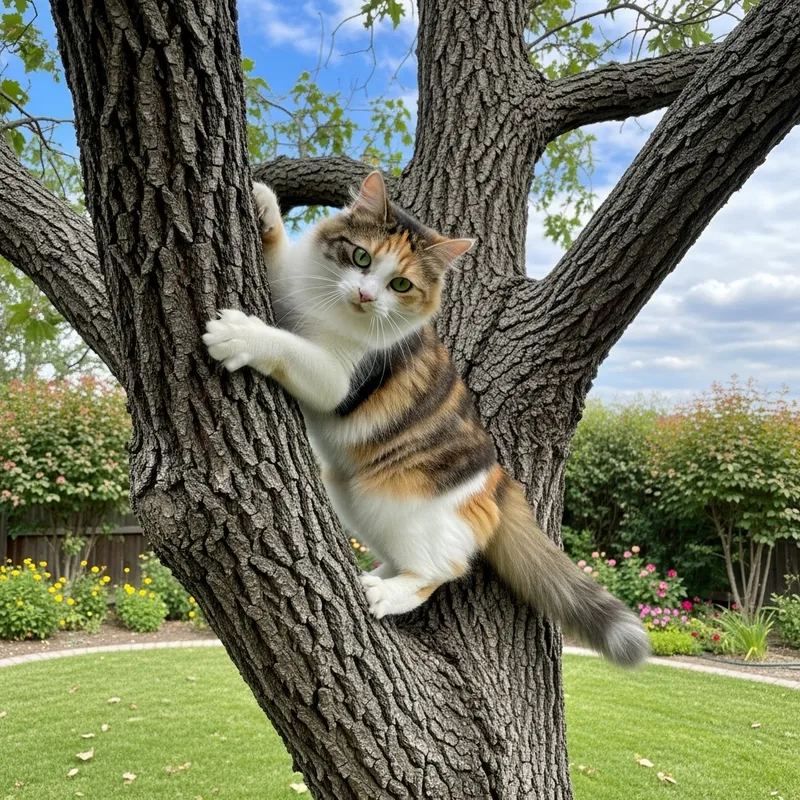 Fluffy Calico Cat Playfully Perched in Tree | Beautiful Backyard Scene