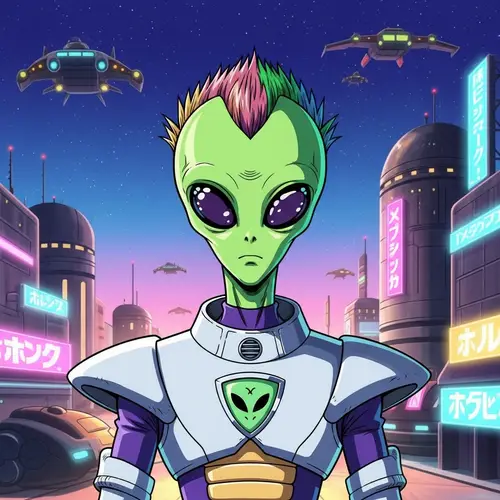 Unique Alien Character in Vibrant Anime Style - Futuristic Suit & Neon Cityscape