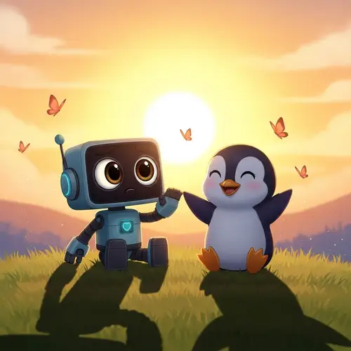 Wall-E and Private: A Playful Love Story at Sunset
