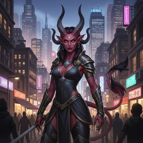 Powerful Tiefling Sorcerer in a Bustling City | Burgundy Skin, Golden Eyes