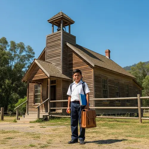 Young Hispanic Boy at Rural Schoolhouse | Vibrant Rural Scene