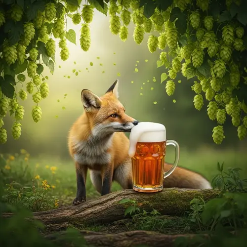 Charming Fox Tasting Beer surrounded by Hops