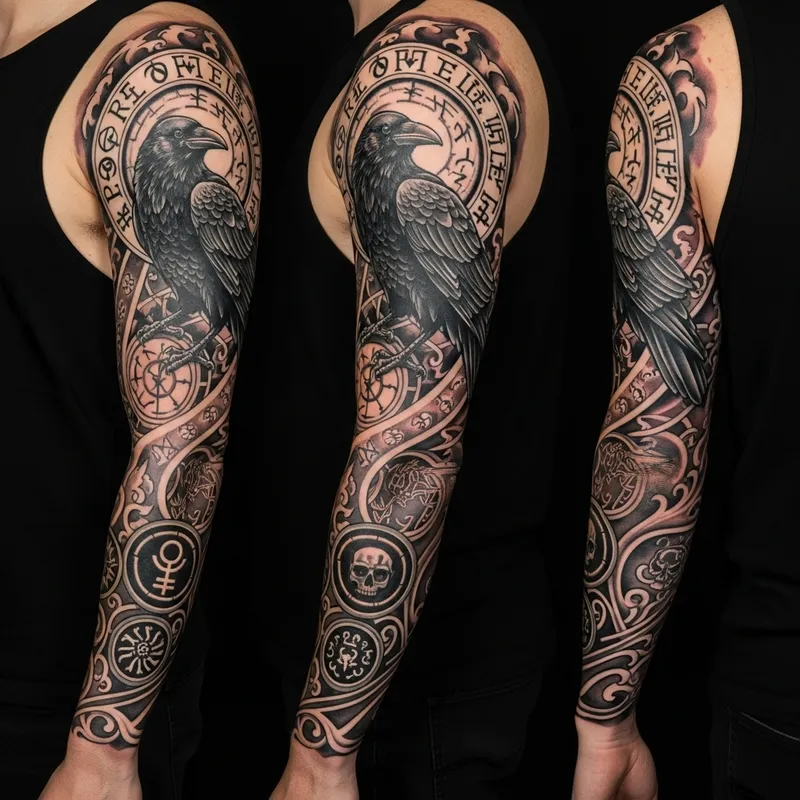 Mythological Crow Tattoo | Full Sleeve Design Mythological Crow Tattoo | Full Sleeve Design