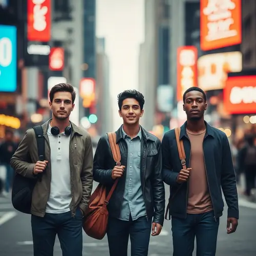 Diverse Group Moving Through Surreal Urban Landscape