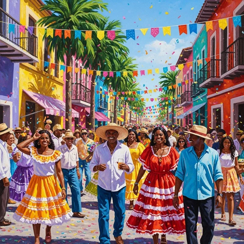 Colorful Palm Trees & Festive Celebrations: Street Festival Scene