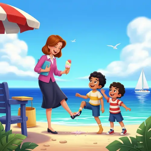 Summer Sea Fun: Teacher's Ice Cream Mishap with Laughing Students