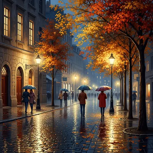 Rainy European Street Painting | Fall Night Scene