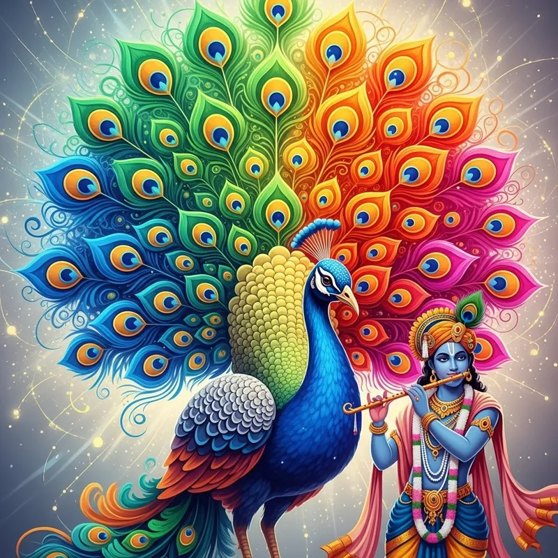 Ornate Peacock AI with Krishna Imagery