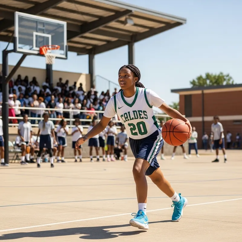 Young Nigerian Girl Playing Basketball on High School Court