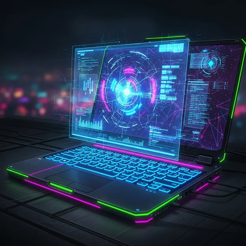 Futuristic Holographic Laptop - Neon Cyberpunk Design Futuristic Holographic Laptop - Neon Cyberpunk Design