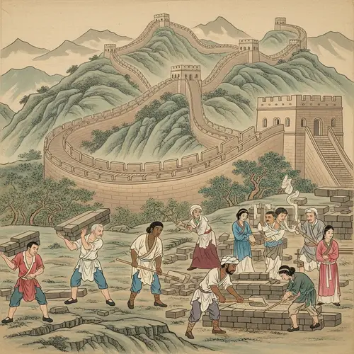 Ancient Chinese Painting of Great Wall Workers