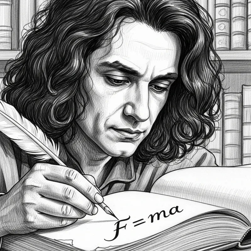 Isaac Newton Writing F=ma Equation with Curly Black Hair