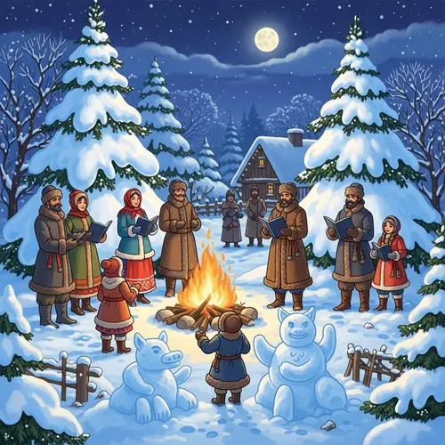 Traditional Slavic Winter Village Scene: Folklore Festivities