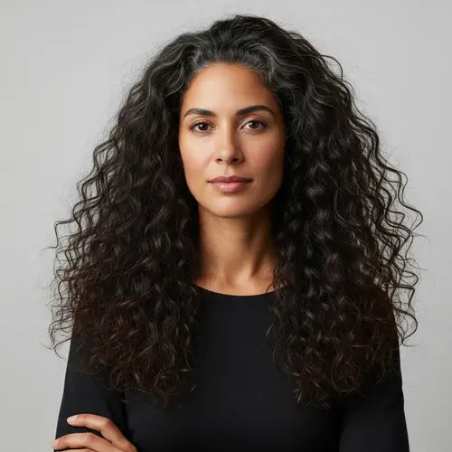 Mid 30 Woman with Dark Brown Curly Hair | Stylish & Thoughtful Look
