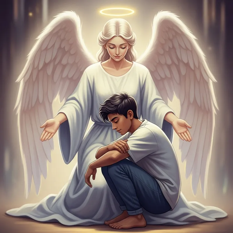 Serene Angel Under Protective Wings: Dreamlike Fantasy Painting