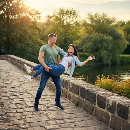 Playful Moment on a Rustic Bridge