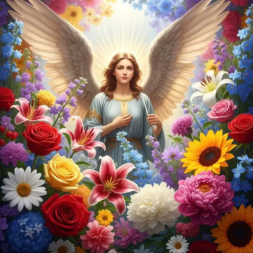 Angel Surrounded by Vibrant Blooming Flowers