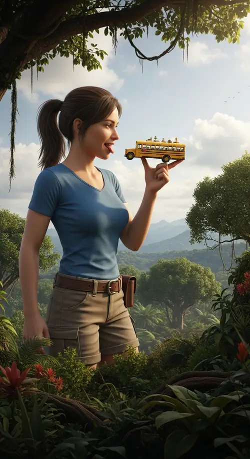 Gigantic Lara Croft Holds Tiny Bus | Fun & Playful Image