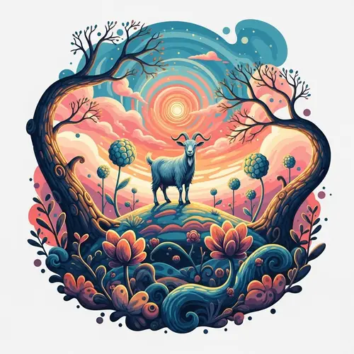 Robust Goat in Abstract Landscape - Surreal & Vibrant Scene