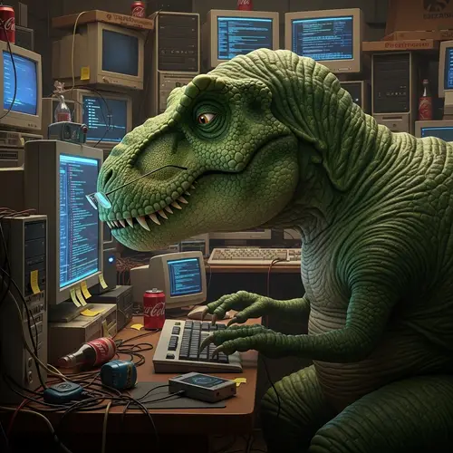 Dinosaur Using Computer in Computer-Filled Room