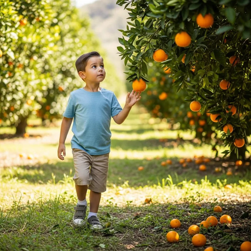 Young Boy Enjoying Citrus Trees in an Orange Orchard
