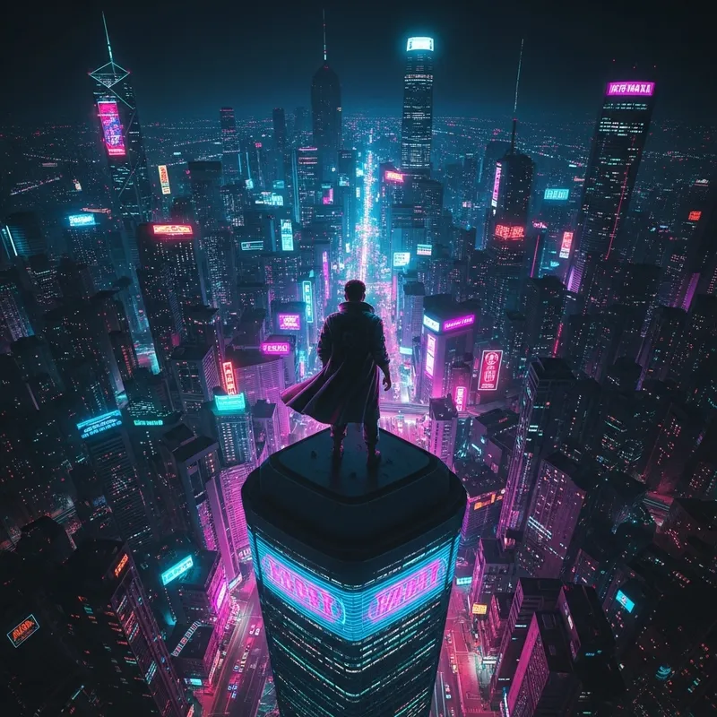 Neon Cyberpunk Cityscape - Mysterious Figure on Rooftop