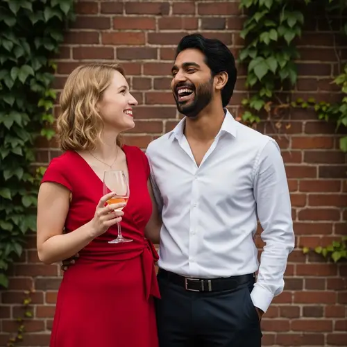 Diverse Couple Laughing Together Against Brick Wall Background
