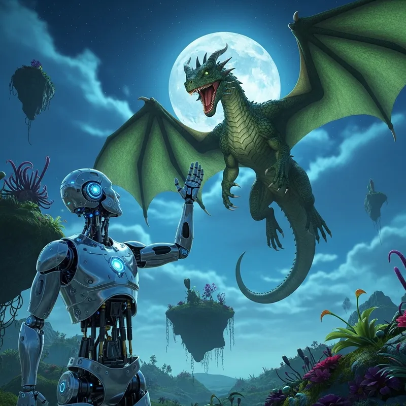 Robot Interacts with Alien Dragon