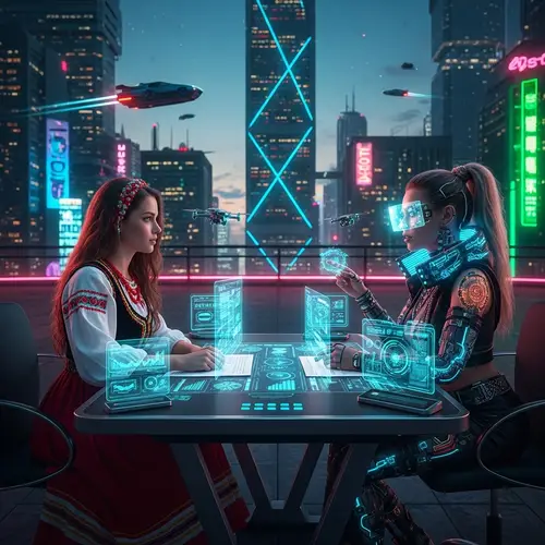 Cyberpunk-Style Image: Past vs Future Negotiation at Debate Table