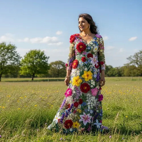 Colorful Flower Dress: South Asian Woman in Meadow
