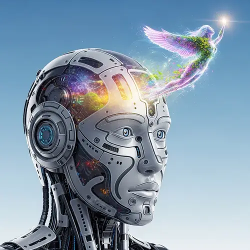 Realistic Robot Head with Nature's Spirit Flying into Sky