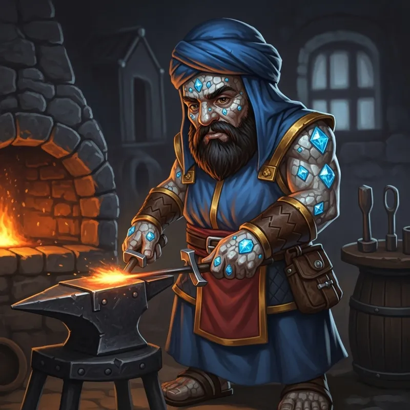 Arabic Dwarf Smith with Diamond-Encrusted Pebble-Textured Skin