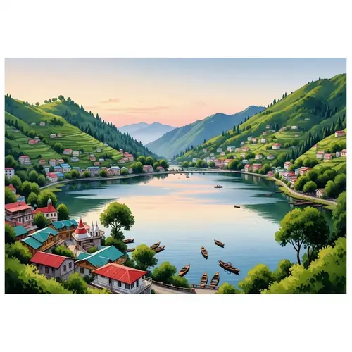 Nainital Watercolor Landscape | Captivating Lake & Green Hills