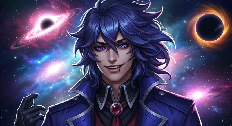 Villainous Anti-Hero with Blue Purple Hair - Young Man in Galactic Universe