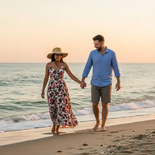Romantic Beach Stroll: Hispanic Woman & Caucasian Man at Sunset