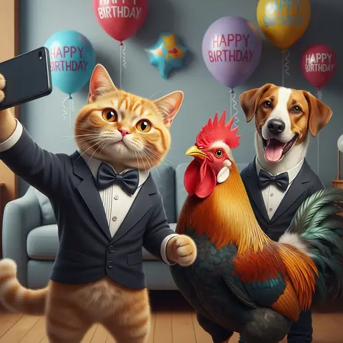 Hyperrealistic Cartoon Cat Taking Selfie with Rooster | British Cat Tuxedo