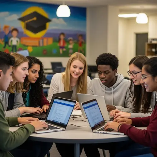 Diverse Group of Students Engaged in Computer Activities