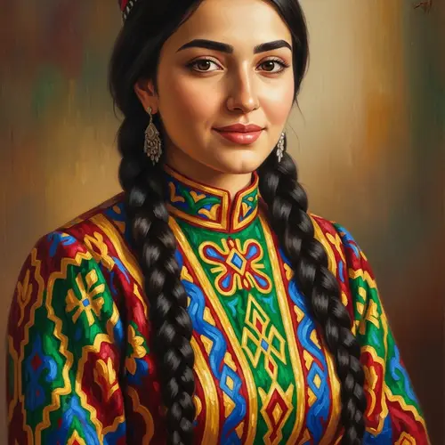 Tajik Woman Oil Painting | Traditional Attire & Braids