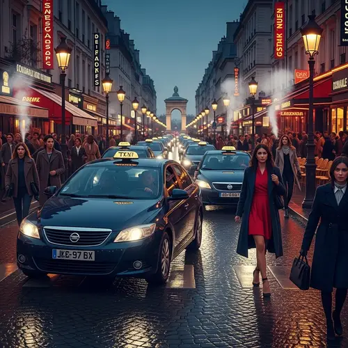 Vibrant Paris Street Scene with Iconic Taxis and Cafes