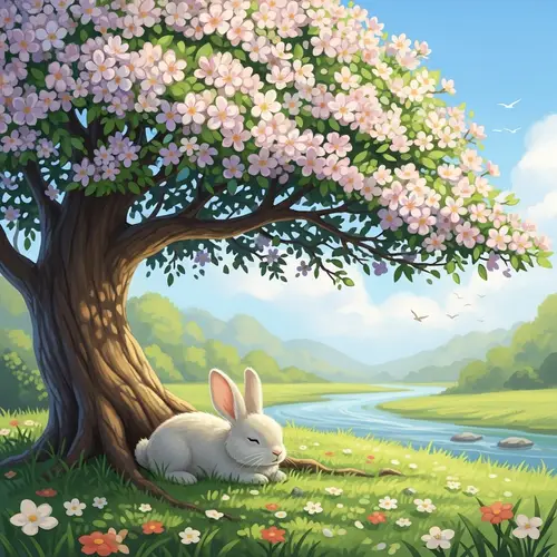 Peaceful Rabbit Resting Under Blossoming Tree