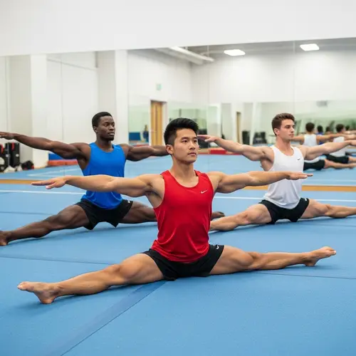 Men's Gymnastics: Diverse Group Showing Flexibility and Strength