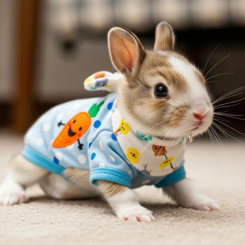 Cute Baby Bunny in Diapers Crawling with Baby Bibs and Cartoon Bodysuit
