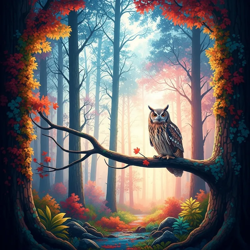 Enchanting Forest Scene with Majestic Owl: A Mystical Vision