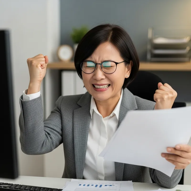 Triumphant Middle-Aged Asian Woman Achieves Long-Awaited Victory