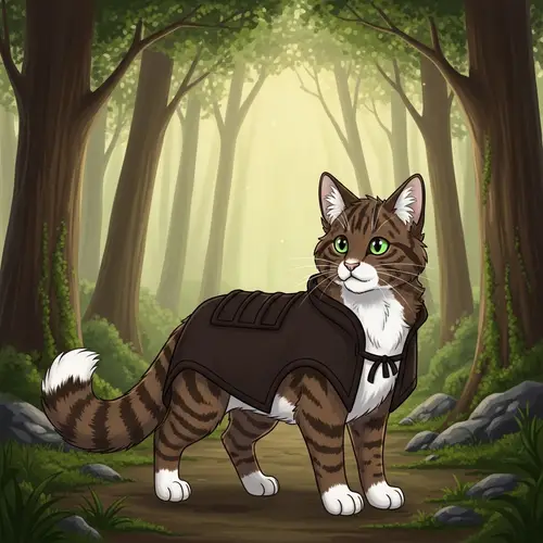 Cartoonish Fluffy Brown Cat in Enchanting Forest