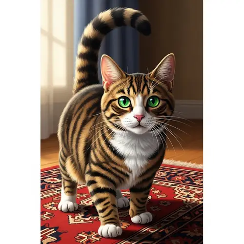 Vibrant Striped Cat on Oriental Rug | Playful Pose & Emerald Eyes