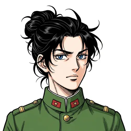 Young Male Character in Green Military Uniform - Japanese Manga Style