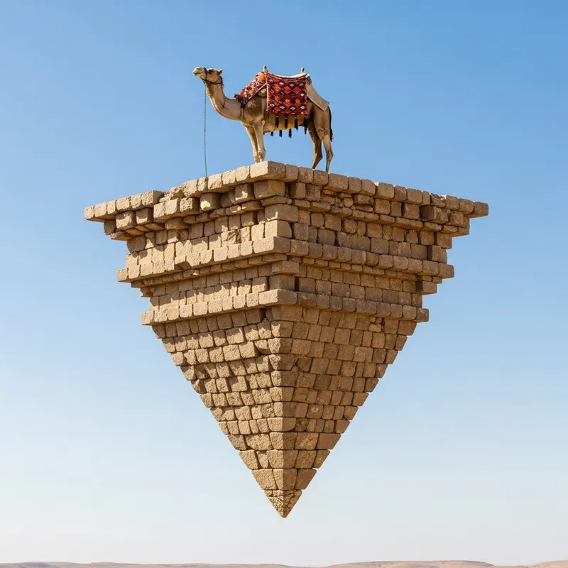 Upside-Down Stone Pyramid with Camel Atop | Desert Landscape