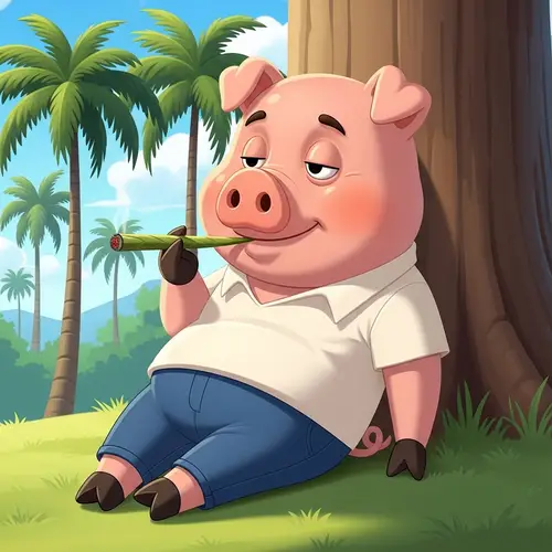 Cartoon Pig Relaxing by Palmeiras Tree